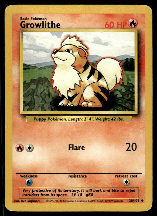 LP Growlithe 28 No Holo - Base Set