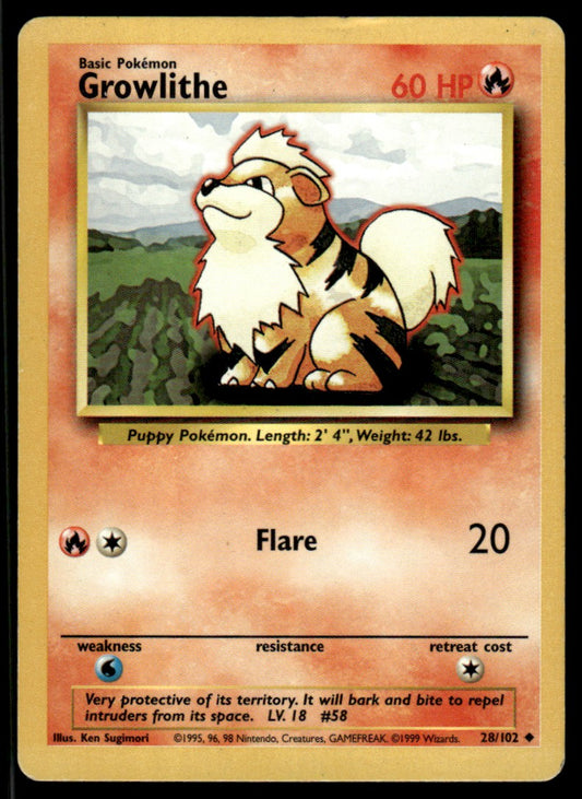 LP Growlithe 28 No Holo - Base Set
